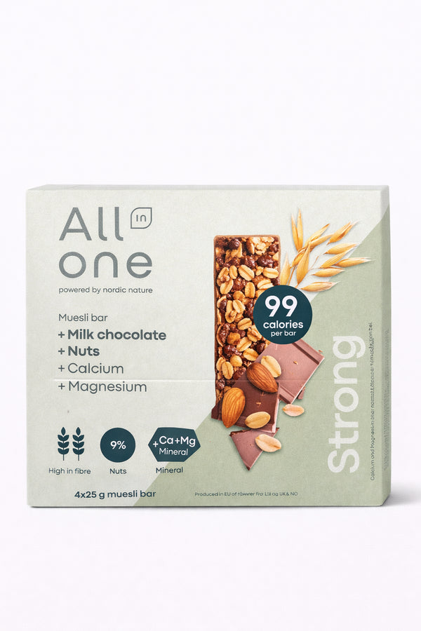 🟩 Produkt: All in One Müsliriegel “Strong” mit Milchschokolade & Nüssen (4×25 g)