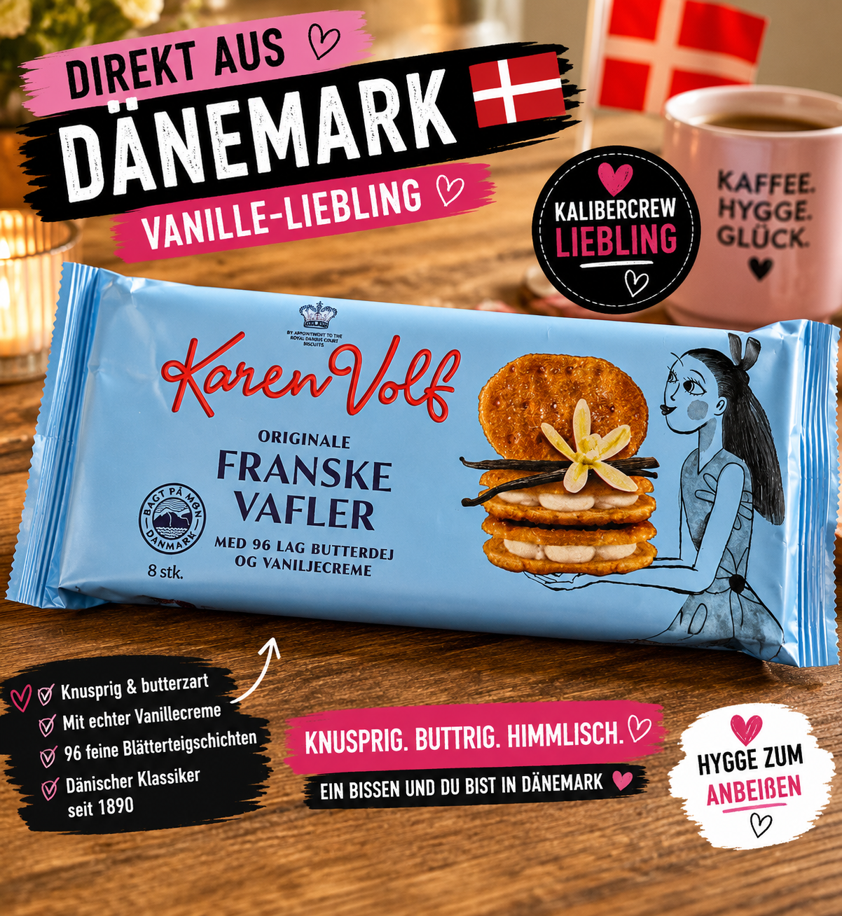 🇩🇰 Karen Volf Originale Franske Vafler mit Vanillecreme (8 Stück)