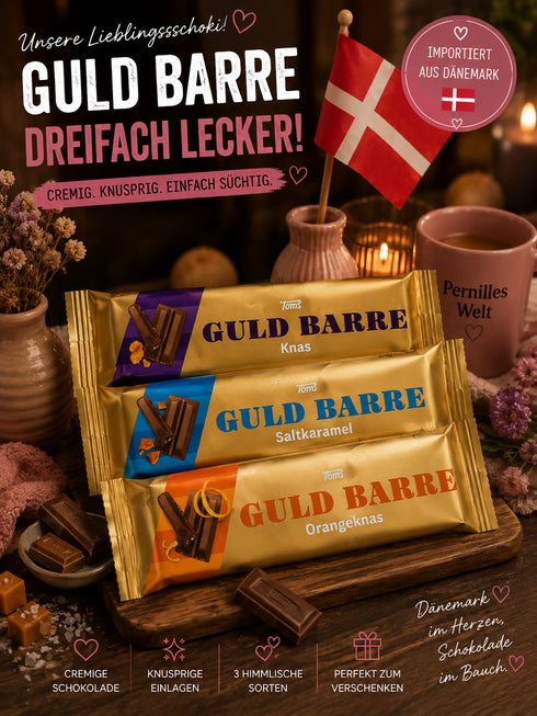 🍫 GULD BARRE Schokoladenriegel Mix
Drei dänische Klassiker in Gold verpackt 🇩🇰✨