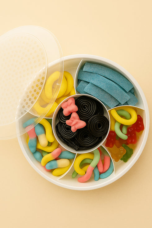 ❤️ Füllbehälter Candy Tray mit Deckel – 800 g Süßigkeiten in drei Farben