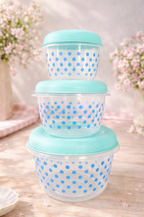 🩵 Rice Melamin Aufbewahrungsdosen – Set mit mintfarbenem Deckel & blauen Punkten