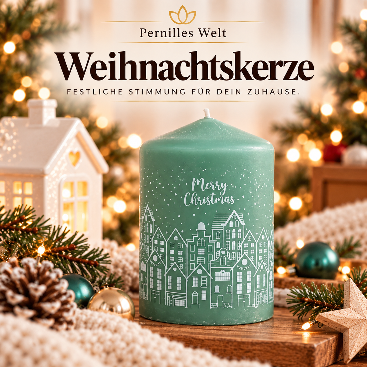 Weihnachtskerze „Merry Christmas“ – Mintgrün 🎄🕯️