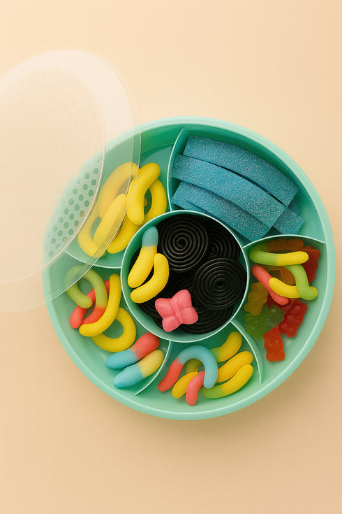 ❤️ Füllbehälter Candy Tray mit Deckel – 800 g Süßigkeiten in drei Farben