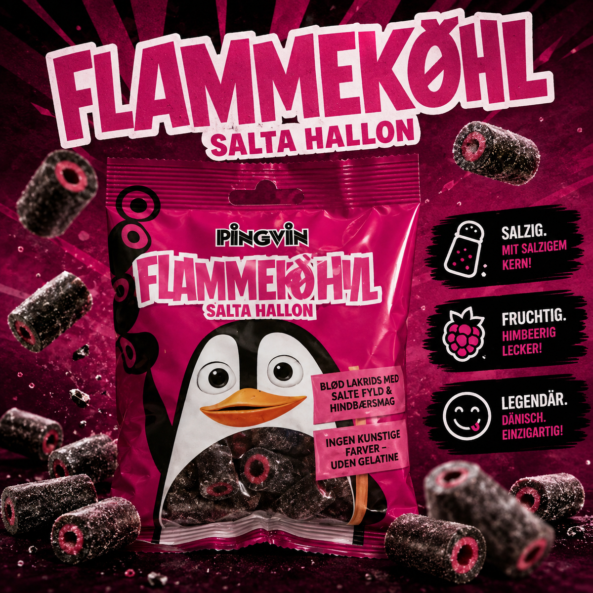 Pingvin Flammekøhl Salta Hallon 100 g 🌶️🩷