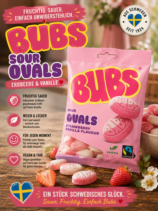 🇸🇪 BUBS Sour Ovals Strawberry Vanilla 90 g