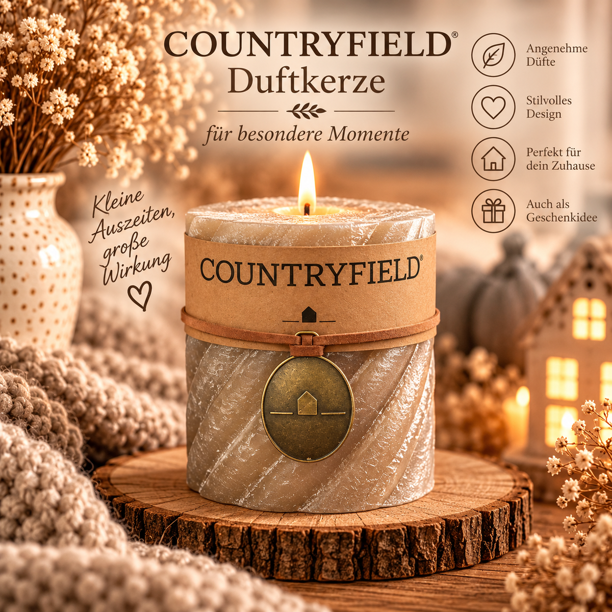 🕯️ COUNTRYFIELD Stumpenkerze Champagner | Spiralstruktur | Nordic Living