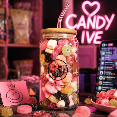 Füllbehälter “Be Happy” mit Bambusdeckel & Glasstrohhalm