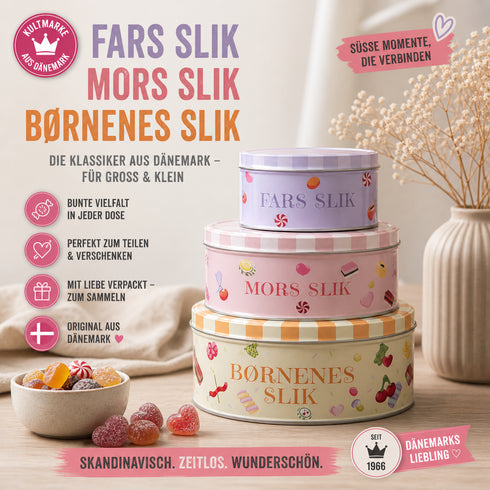 3er Set Skandinavische Candy-Dosen – Fars Slik, Mors Slik & Børnenes Slik