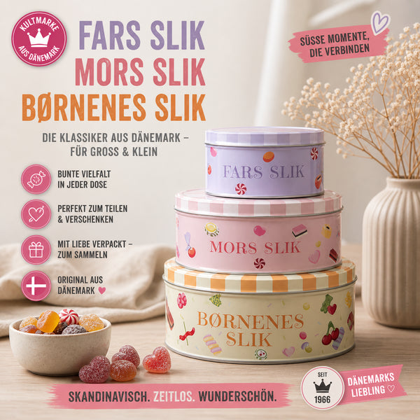3er Set Skandinavische Candy-Dosen – Fars Slik, Mors Slik & Børnenes Slik