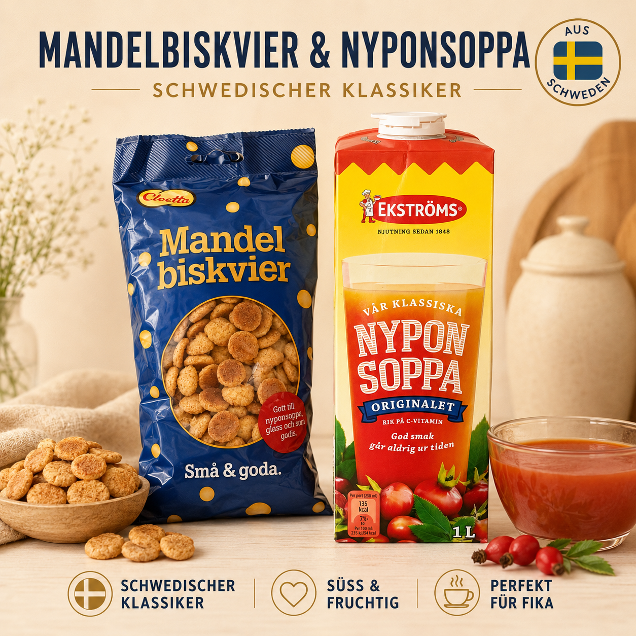 Schwedisches Fika Duo – Mandelbiskvier & Nyponsoppa 🇸🇪