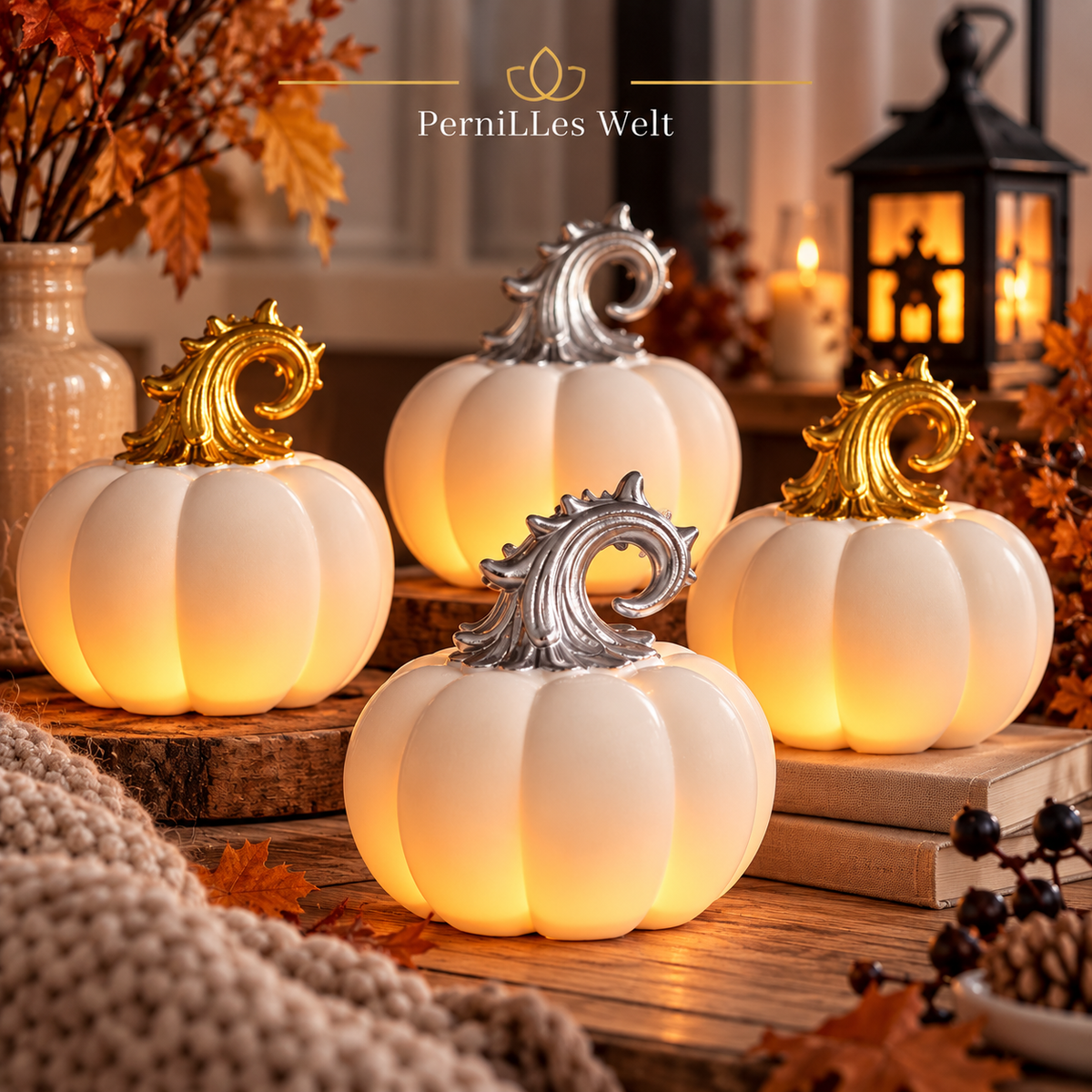 🎃 Keramik-Kürbis mit LED | Gold & Silber