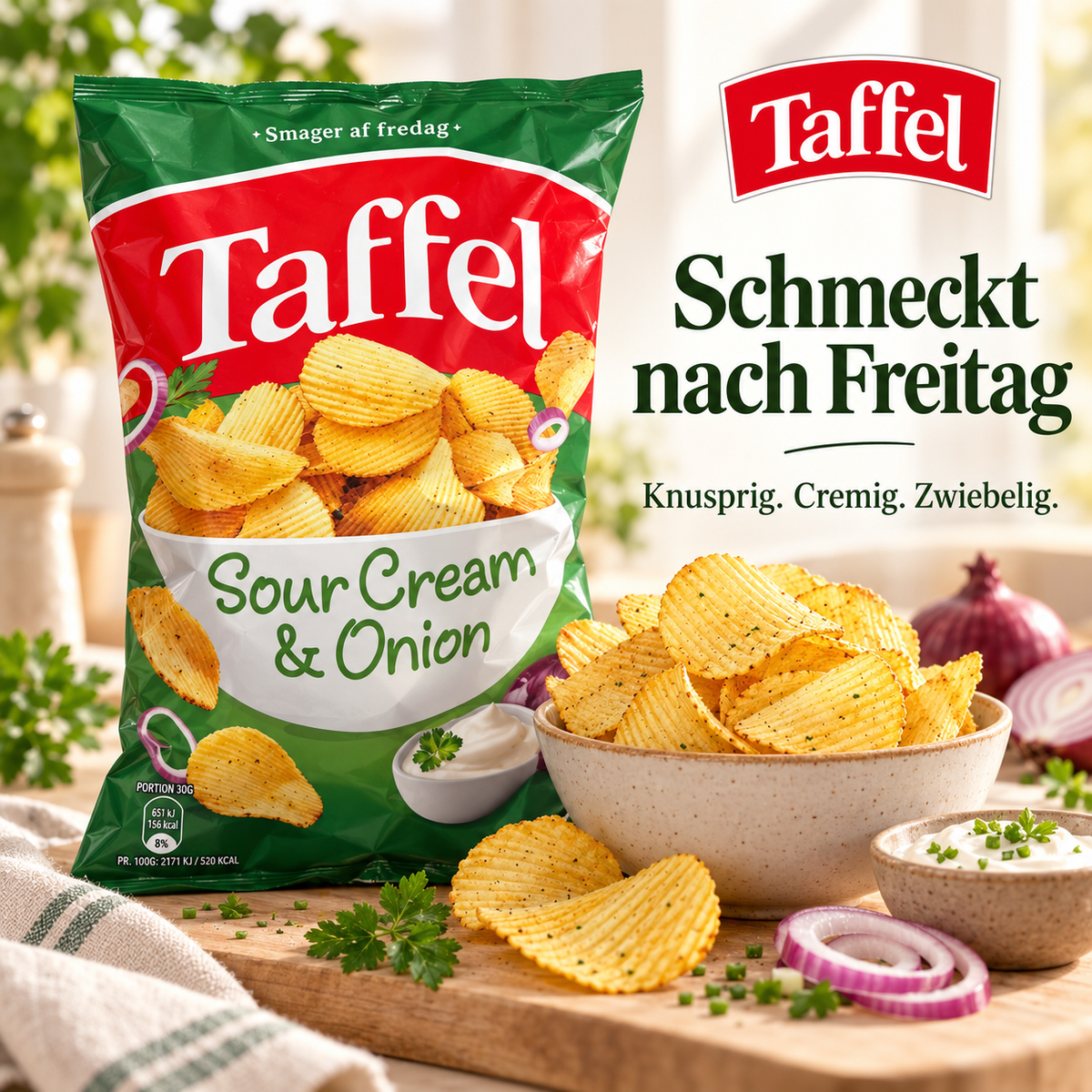 🥔 Taffel Sour Cream & Onion Chips | 165 g
Schmeckt nach Freitag. 💚