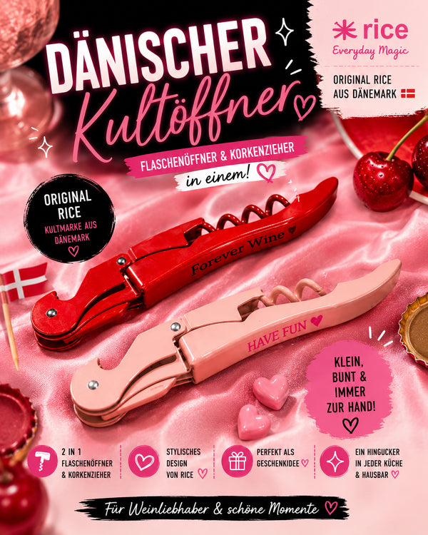 🍷💖 Rice Flaschenöffner & Korkenzieher 2-in-1 🇩🇰