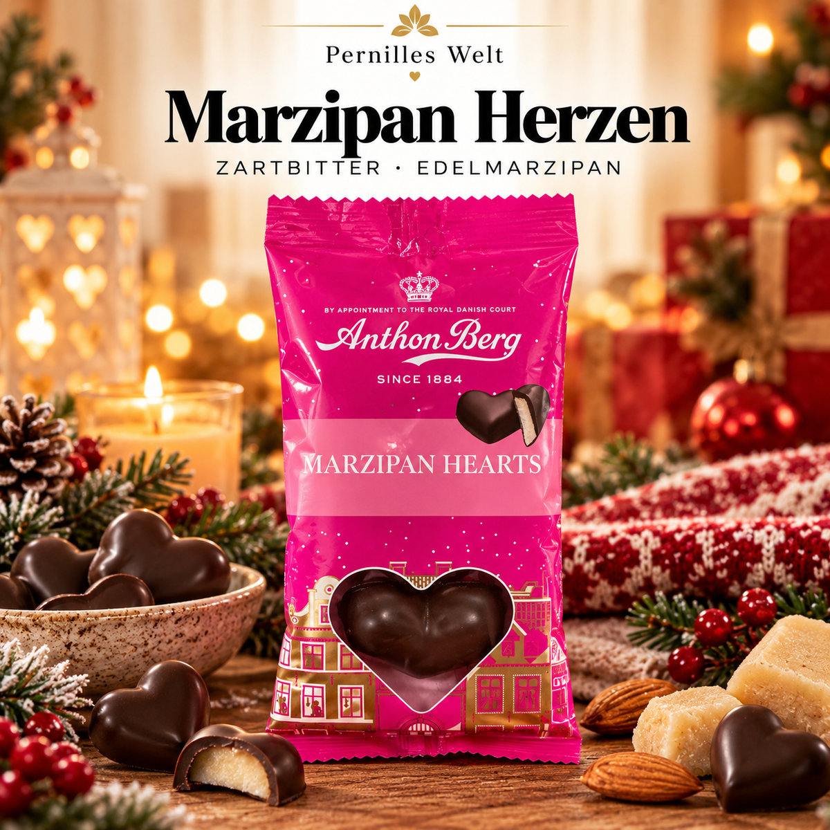 Anthon Berg Marzipan Hearts 84 g – Dänische Marzipanherzen mit Zartbitterschokolade ❤️