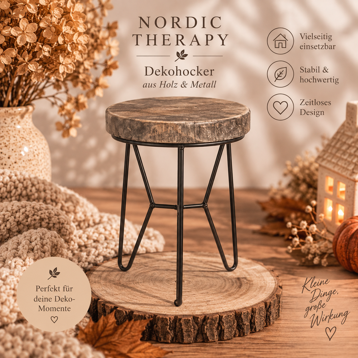 🤎 Nordic Therapy Dekohocker aus Holz & Metall