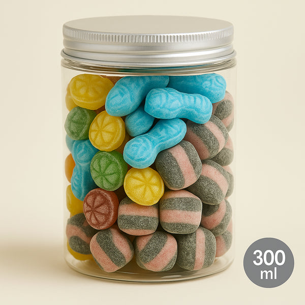 Füllbehälter Bonbon-Dose aus PET mit Alu-Deckel – inkl. 200 g