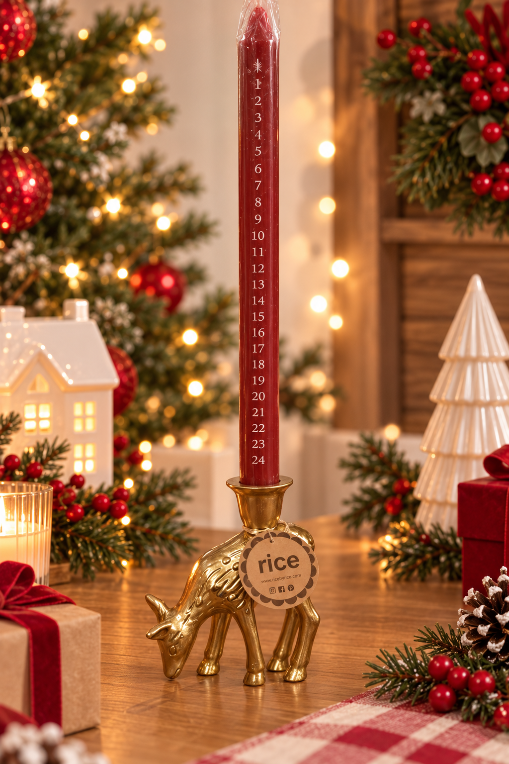 RICE Reh-Kerzenhalter in Gold mit roter Adventskerze 🦌🎄