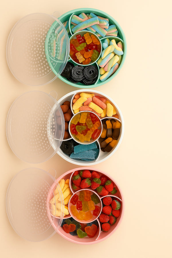 ❤️ Füllbehälter Candy Tray mit Deckel – 800 g Süßigkeiten in drei Farben