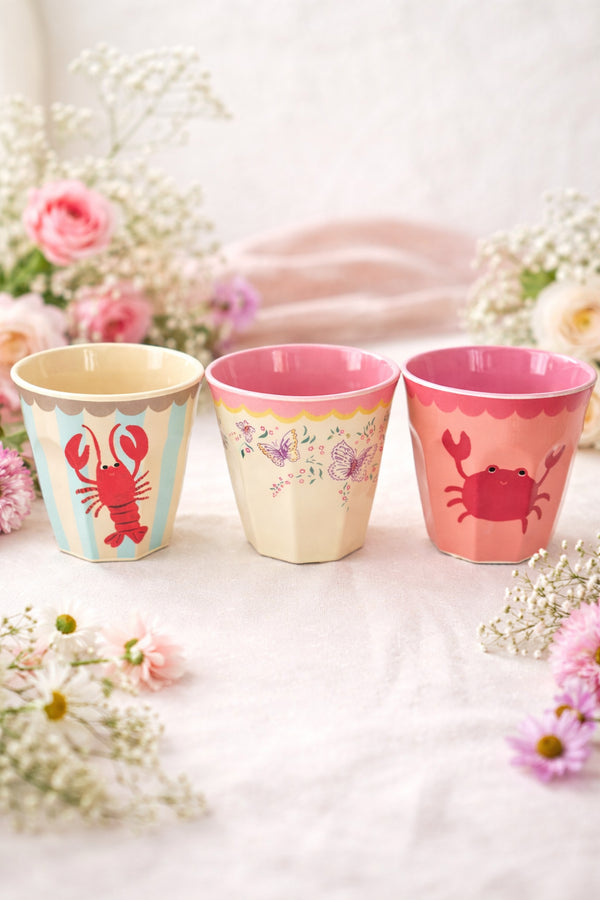 🇩🇰 RICE Denmark Melamin-Becher – 3 Designs Krabbe, Hummer, Schmetterling