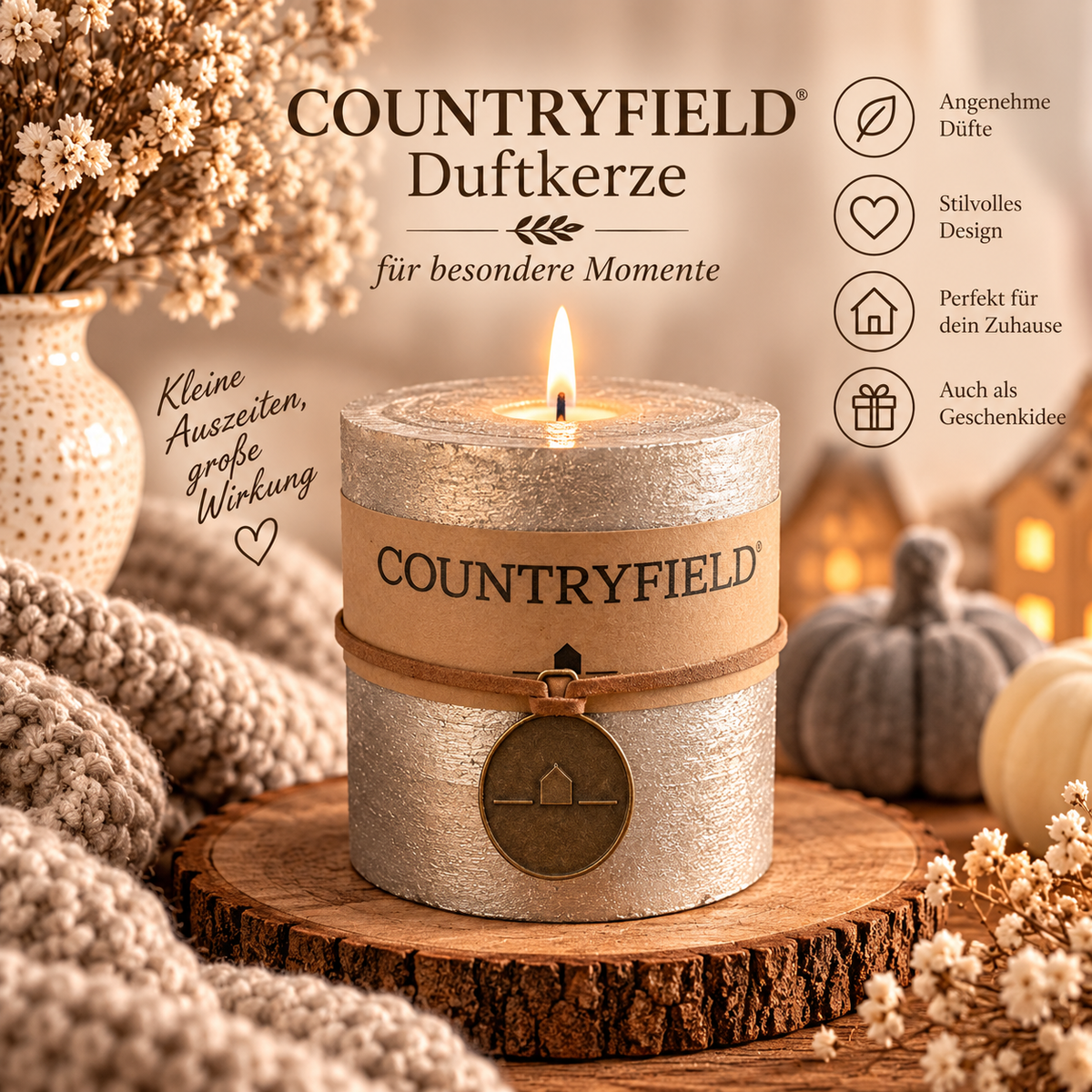 🕯️ COUNTRYFIELD Stumpenkerze Silberschimmer | Nordic Living | Dekokerze mit Metallanhänger