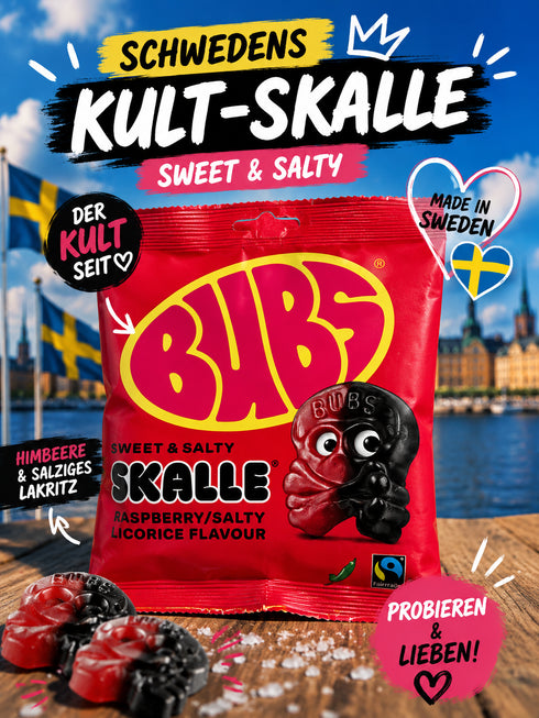 🇸🇪 Schwedische BUBS Sweet & Salty Skalle Raspberry / Salty Licorice Flavour