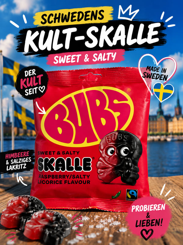 🇸🇪 Schwedische BUBS Sweet & Salty Skalle Raspberry / Salty Licorice Flavour