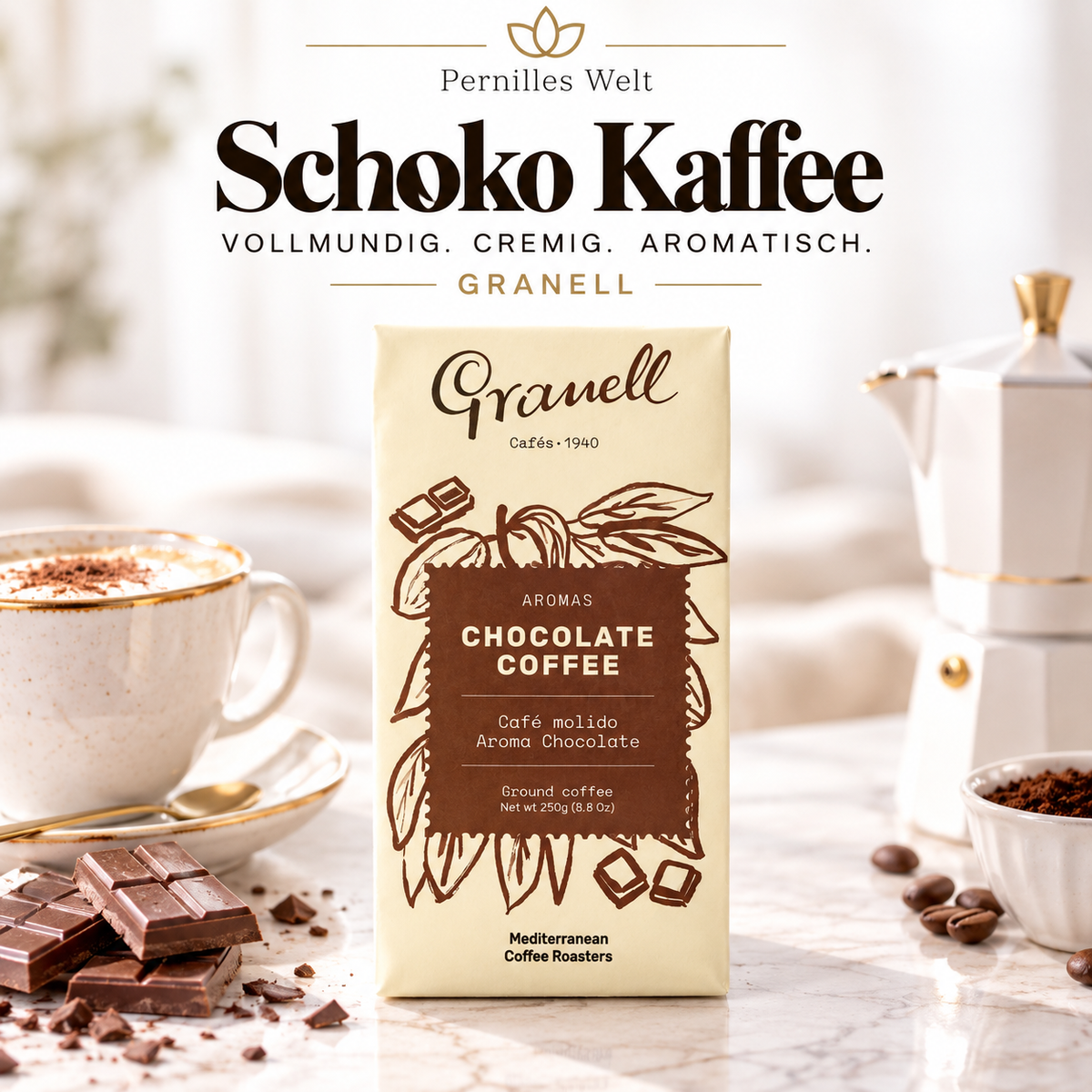 GRANELL SCHOKO-KAFFEE – 250 G
Gemahlener Arabica-Kaffee mit Milchschokoladen-Aroma