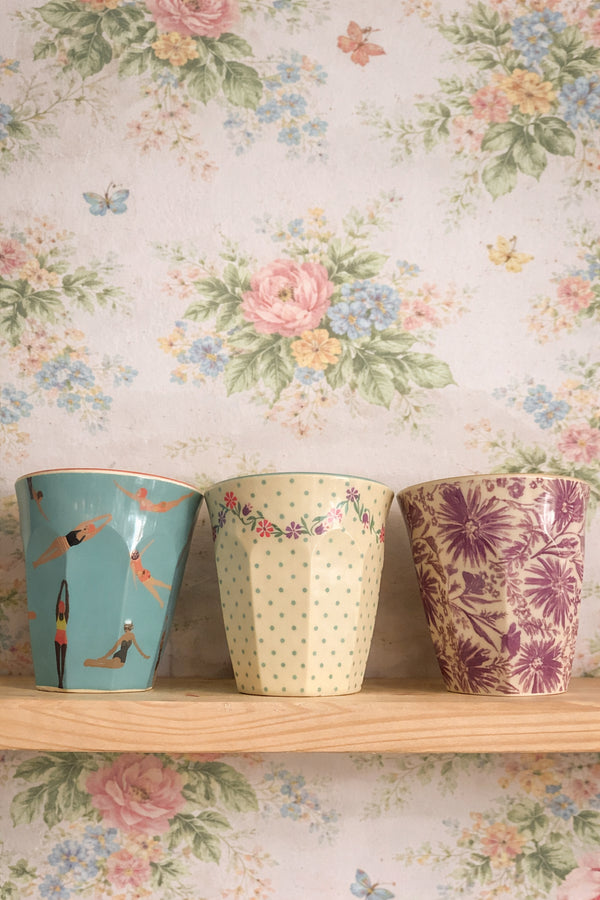 🇩🇰 RICE Denmark Melamin-Becher – baden, Blume Punkte und Blume lila