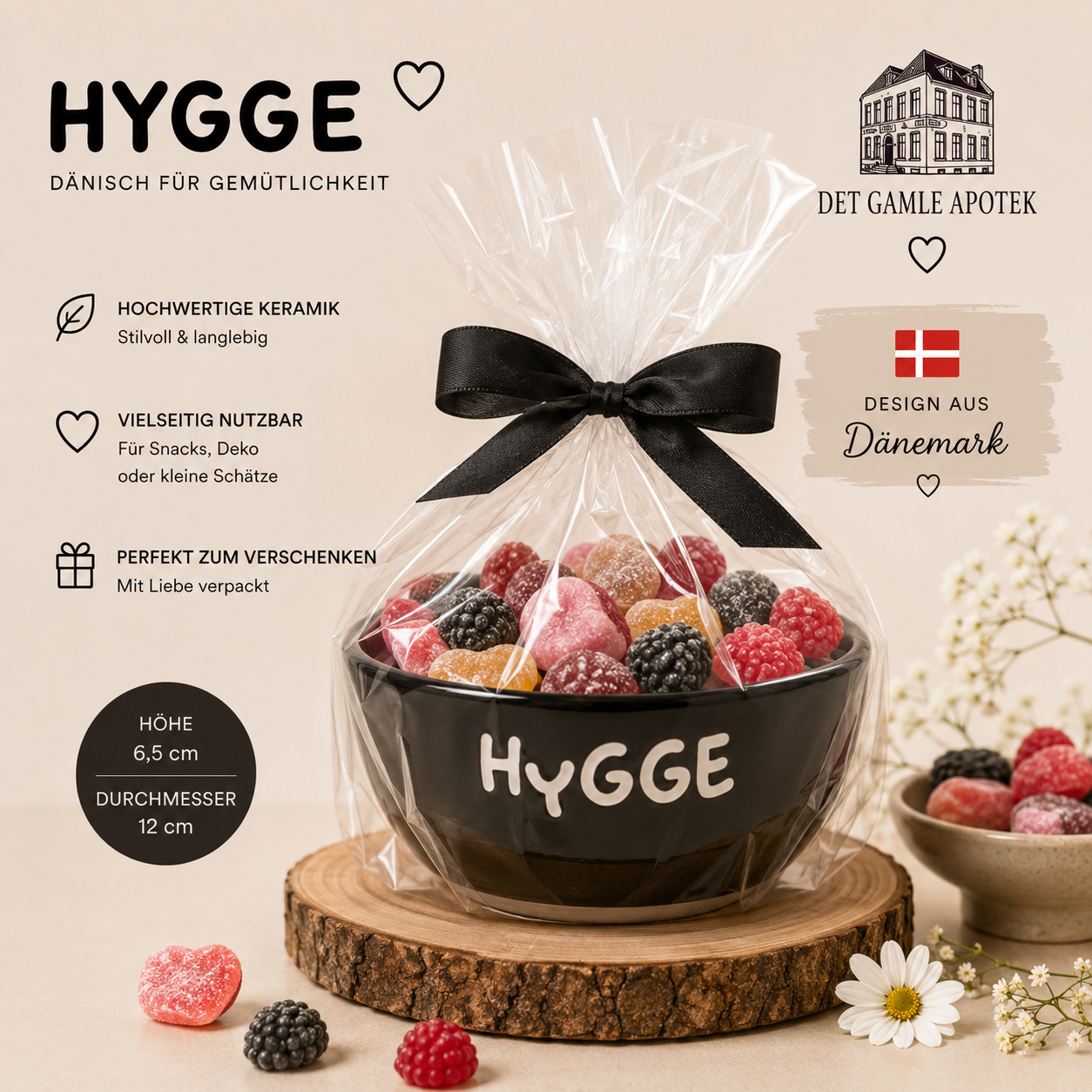 🌸 HYGGE Keramikschale mit Süßigkeiten | Geschenkset | Det Gamle Apotek | Dänisches Design 🇩🇰