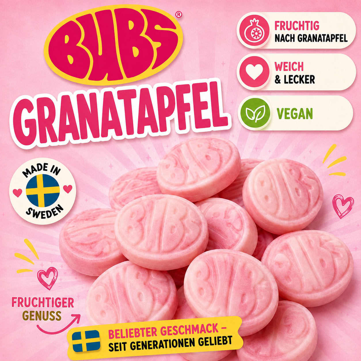 🇸🇪 BUBS Wild Berry Pomegranate OVALS – Granatapfel & Walderdbeere - vegan