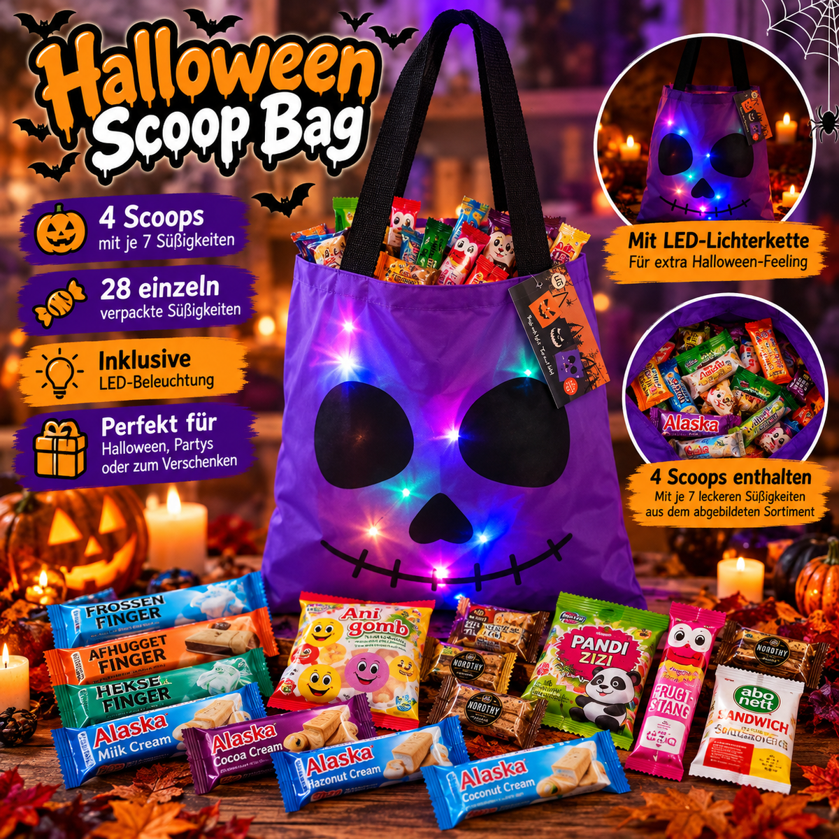 🎃 Halloween Candy Scoop Bag – LED-Tasche mit 28 Süßigkeiten - 4 Scoops
