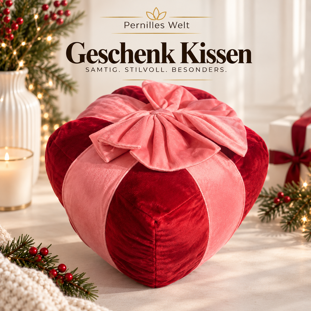 Geschenk-Kissen mit Schleife – Rot & Rosa 🎀