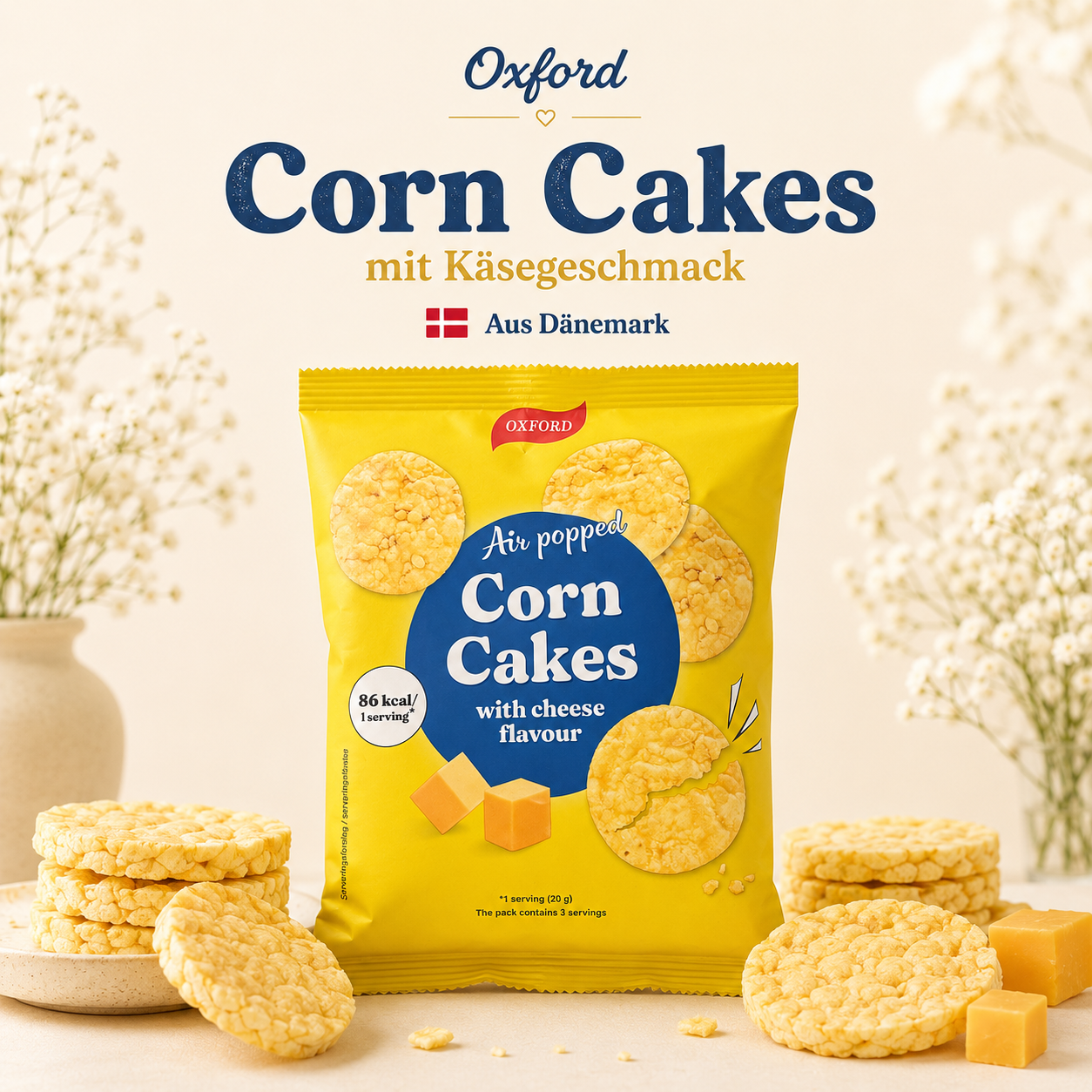Oxford Corn Cakes mit Käsegeschmack – 60 g 🇩🇰🧀🌽