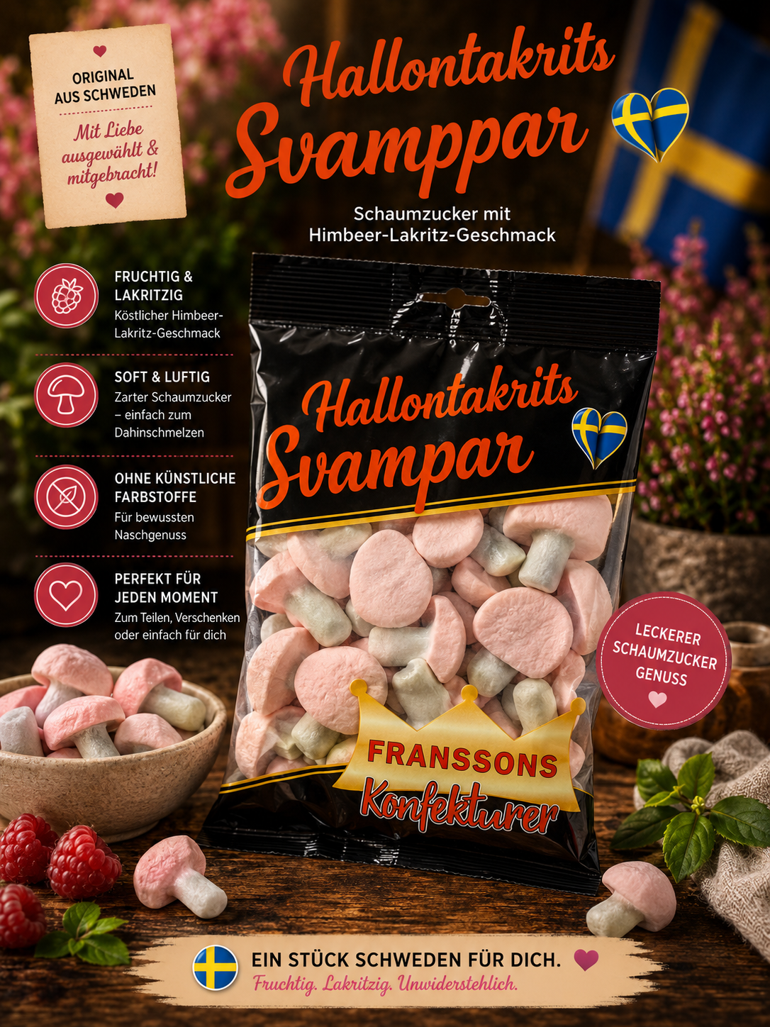 Hallontakrits Svampar – Schaumzucker-Pilze mit Himbeer- & Lakritzgeschmack