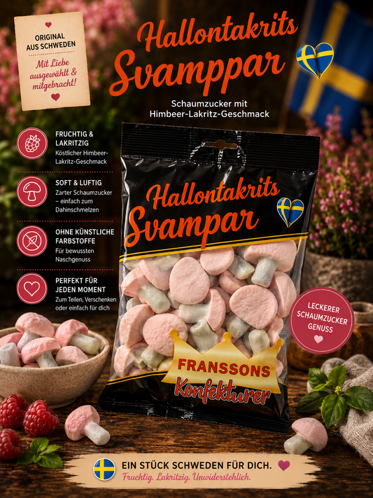 Hallontakrits Svampar – Schaumzucker-Pilze mit Himbeer- & Lakritzgeschmack