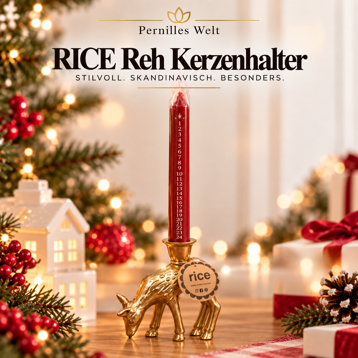 RICE Reh-Kerzenhalter in Gold mit roter Adventskerze 🦌🎄