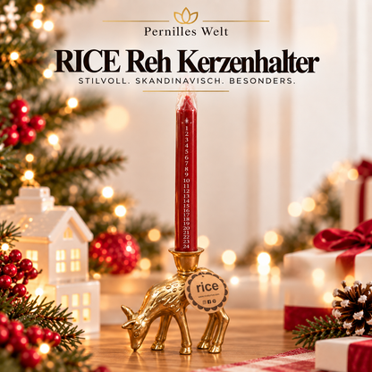 RICE Reh-Kerzenhalter in Gold mit roter Adventskerze 🦌🎄