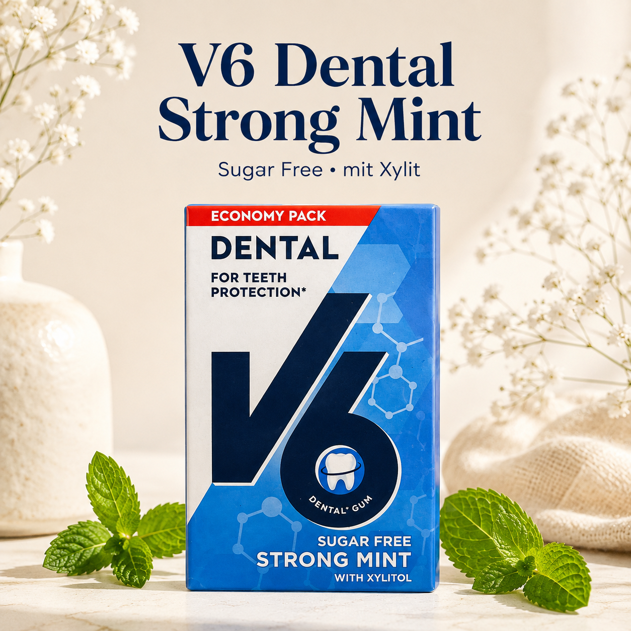 V6 Dental Strong Mint – zuckerfreier Kaugummi mit Xylit 🦷🌿