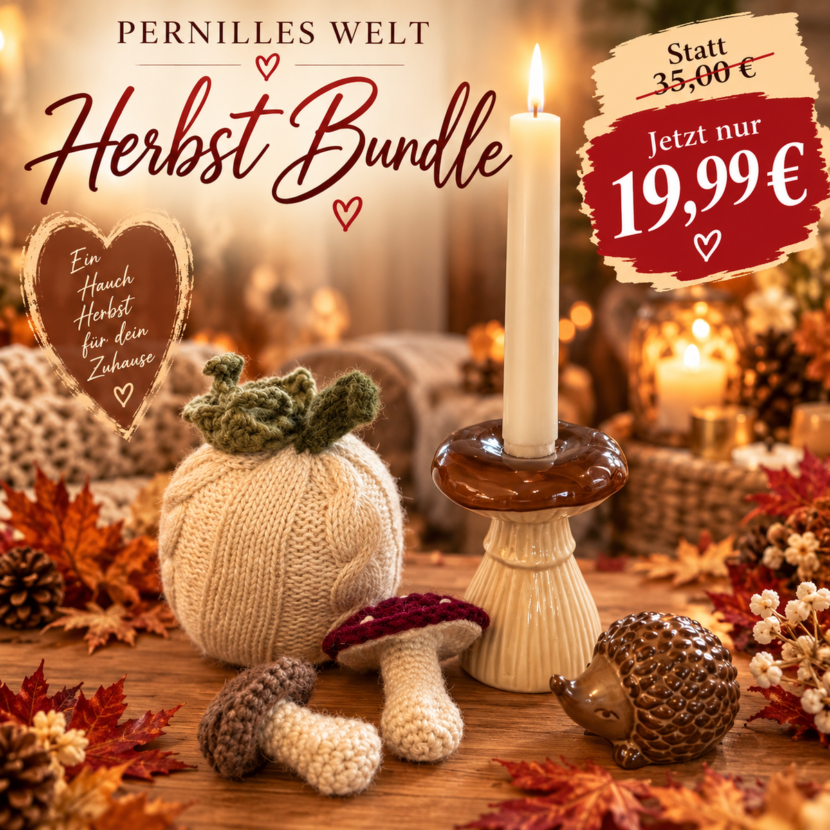 🍂 Herbst Bundle „Cozy Autumn“ – 6-teiliges Deko-Set mit Kerzenhalter, Kürbis & Igel