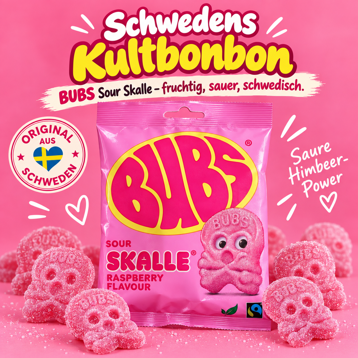 BUBS Raspberry SKALLE – Himbeer-Schaumbonbons 🇸🇪 Original aus Schweden 🇸🇪 | Vegan | Gelatinefrei | Himbeergeschmack