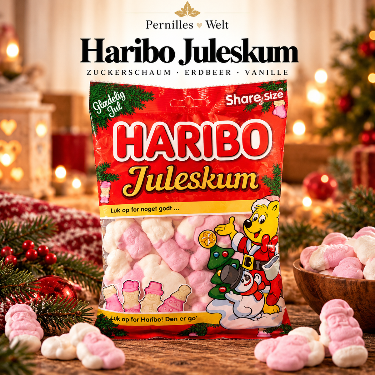 Haribo Juleskum 250 g – Skandinavischer Weihnachtsschaum mit Erdbeer- und Vanillegeschmack 🎄 Grosse Tüte
