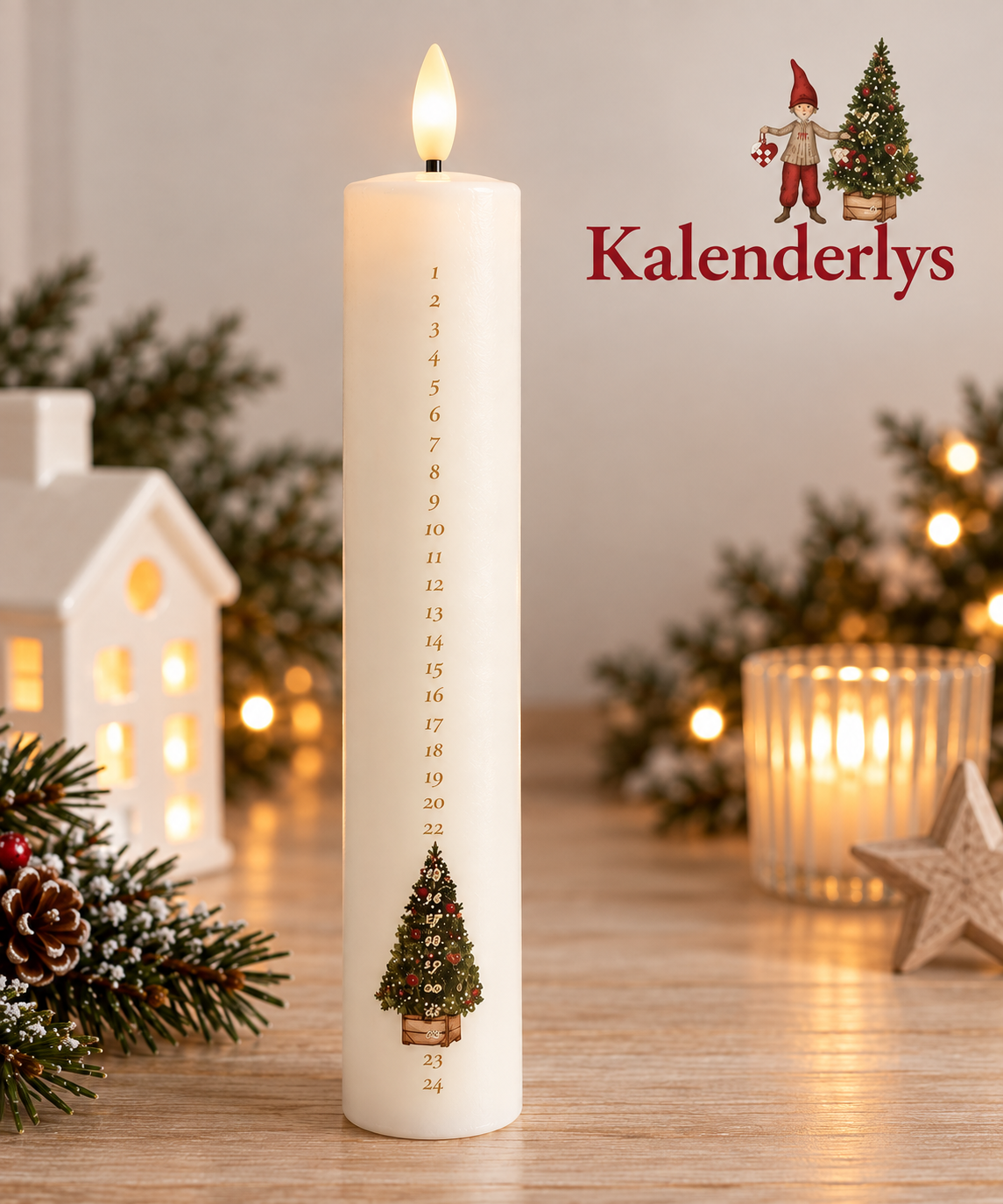 Kalenderlys LED – Skandinavische Adventskerze mit Weihnachtsbaum 🎄