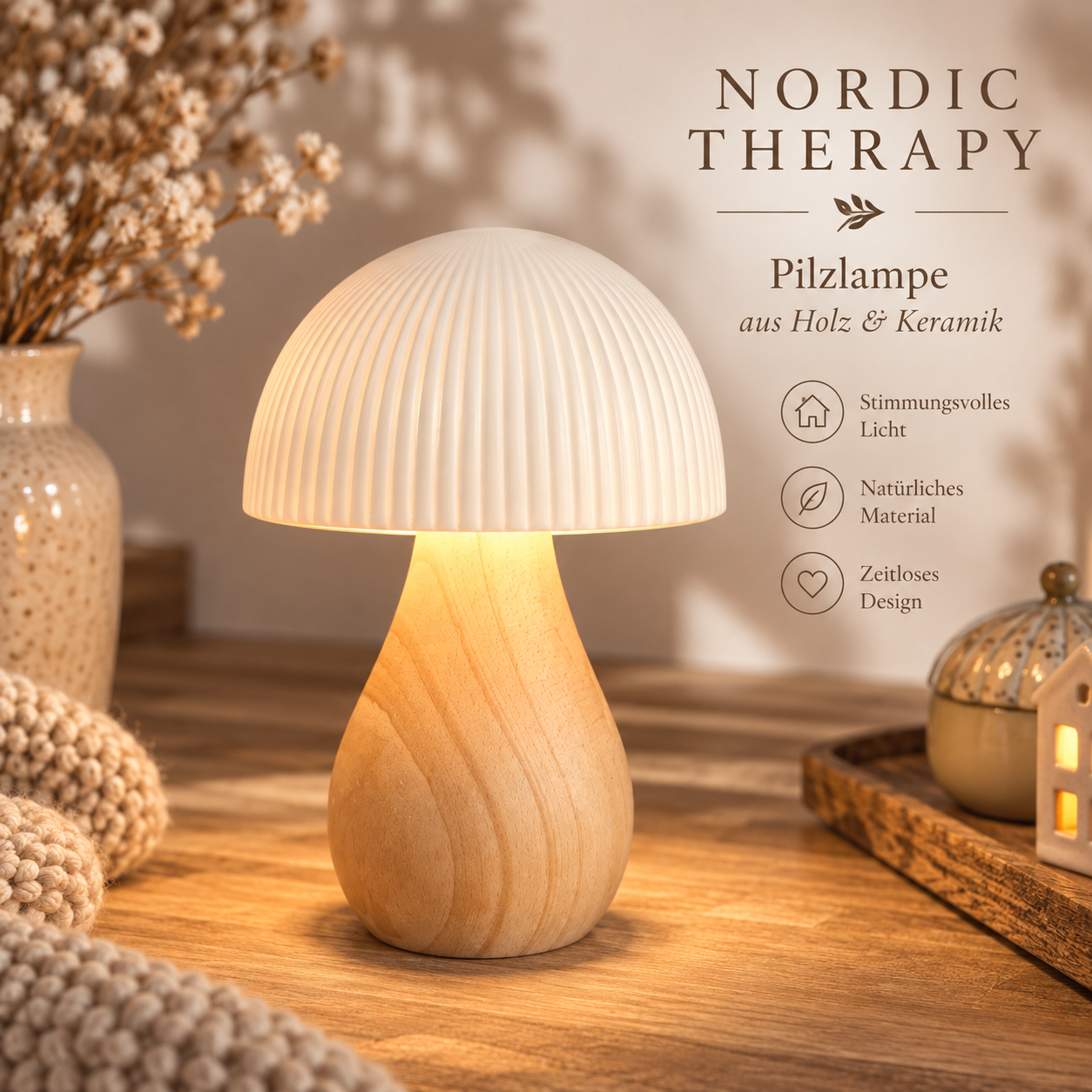 🍄 Nordic Therapy Pilzlampe aus Holz & Keramik