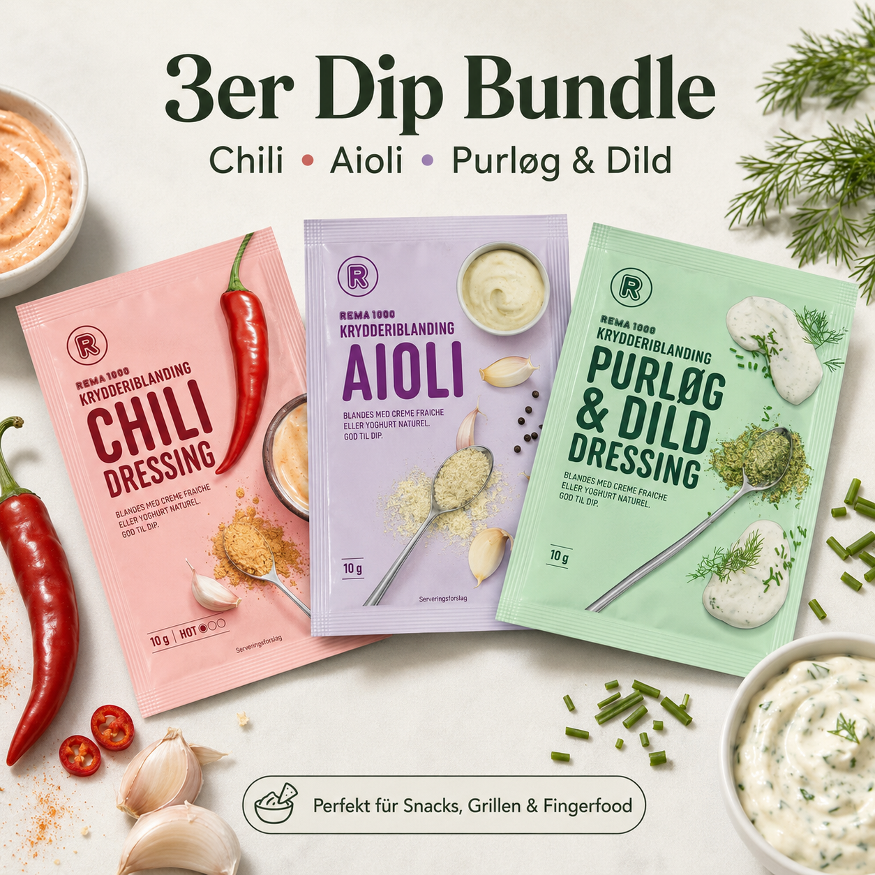 🇩🇰 3er Dip-Set aus Dänemark – Chili, Aioli & Purløg-Dild