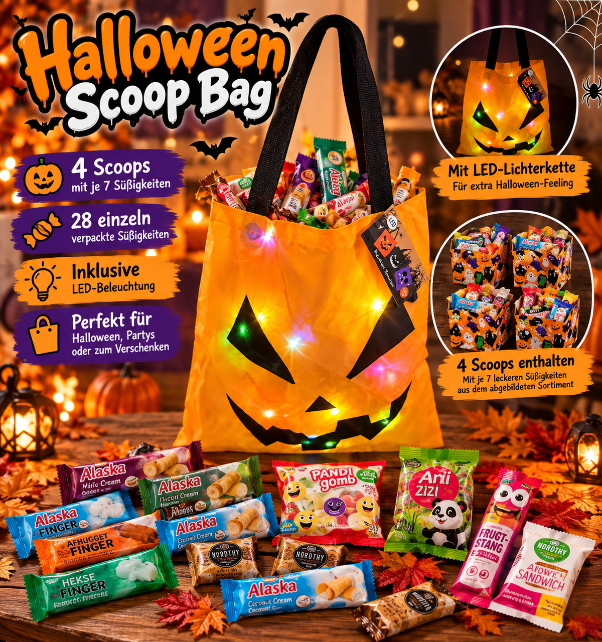 🎃 Halloween Candy Scoop Bag – LED-Tasche mit 28 Süßigkeiten - 4 Scoop Orange