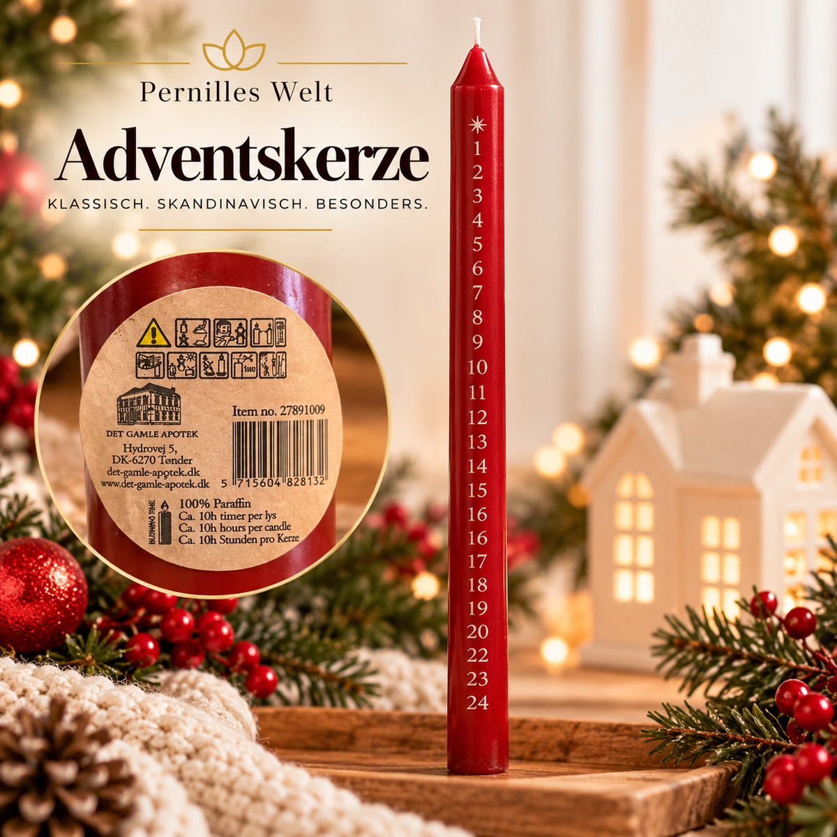 Det Gamle Apotek – Rote Adventskerze mit Zahlen 1–24 🎄