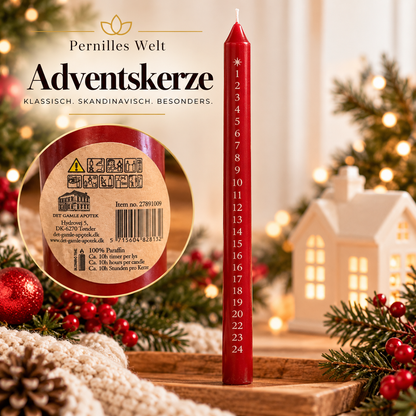 Det Gamle Apotek – Rote Adventskerze mit Zahlen 1–24 🎄