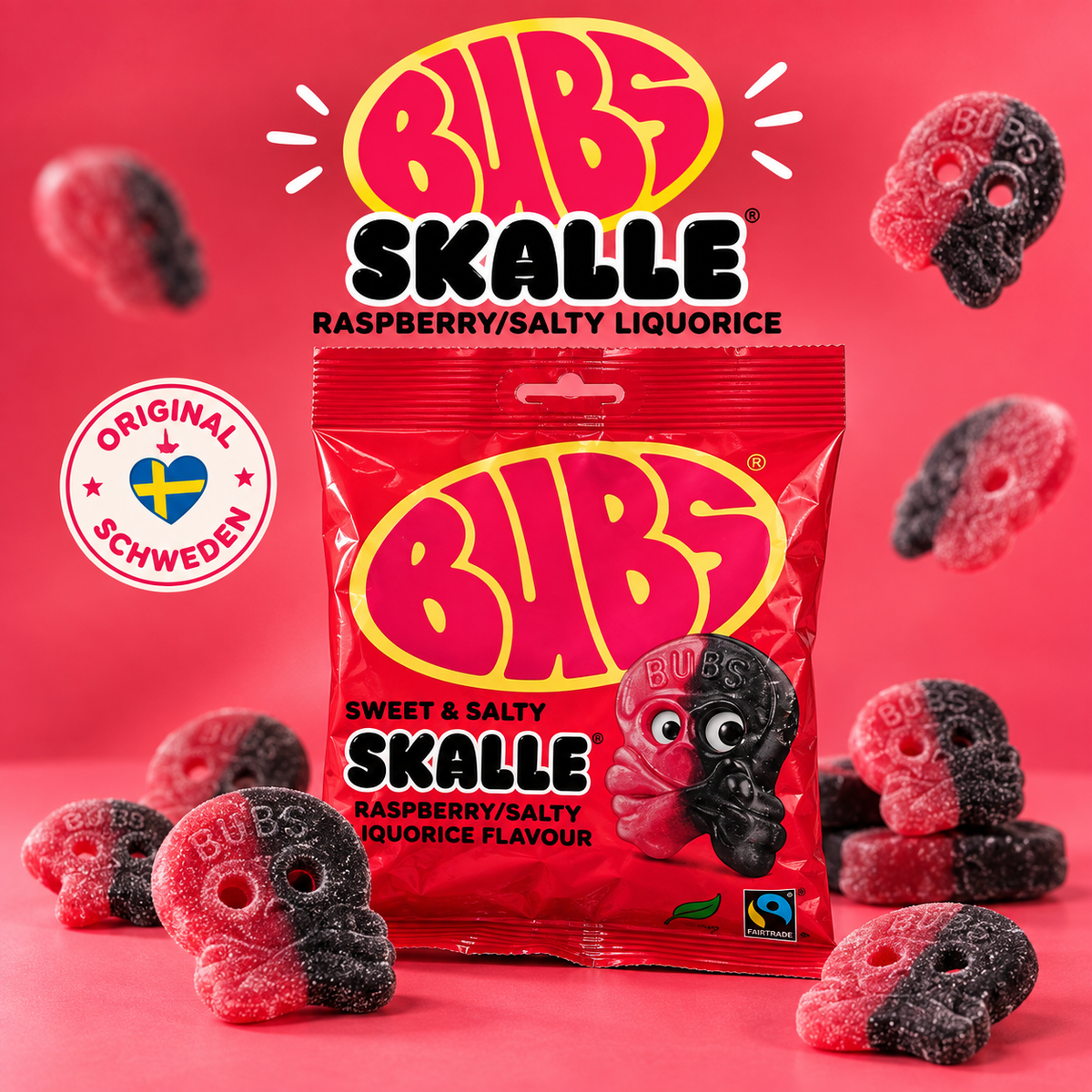 BUBS Raspberry / Salty Liquorice SKALLE – 100 g 🇸🇪 Geschmack: Himbeere + Salzlakritz | vegan | gelatinefrei