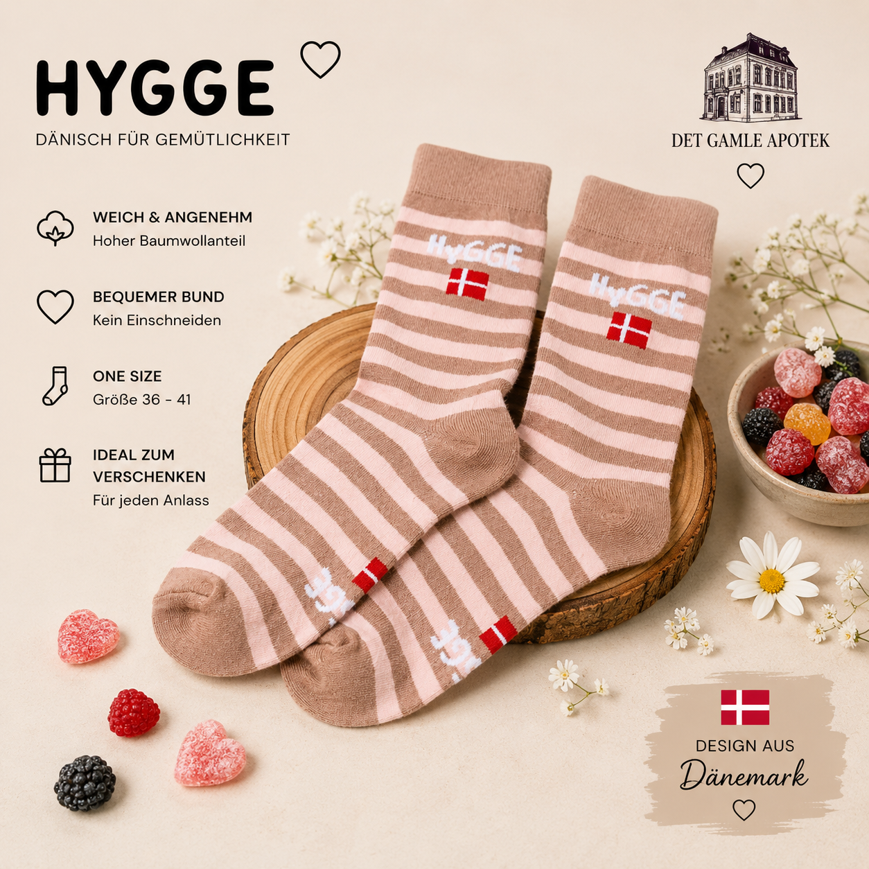 🇩🇰 HYGGE Socken | Größe 37–41 | Dänisches Design | Det Gamle Apotek