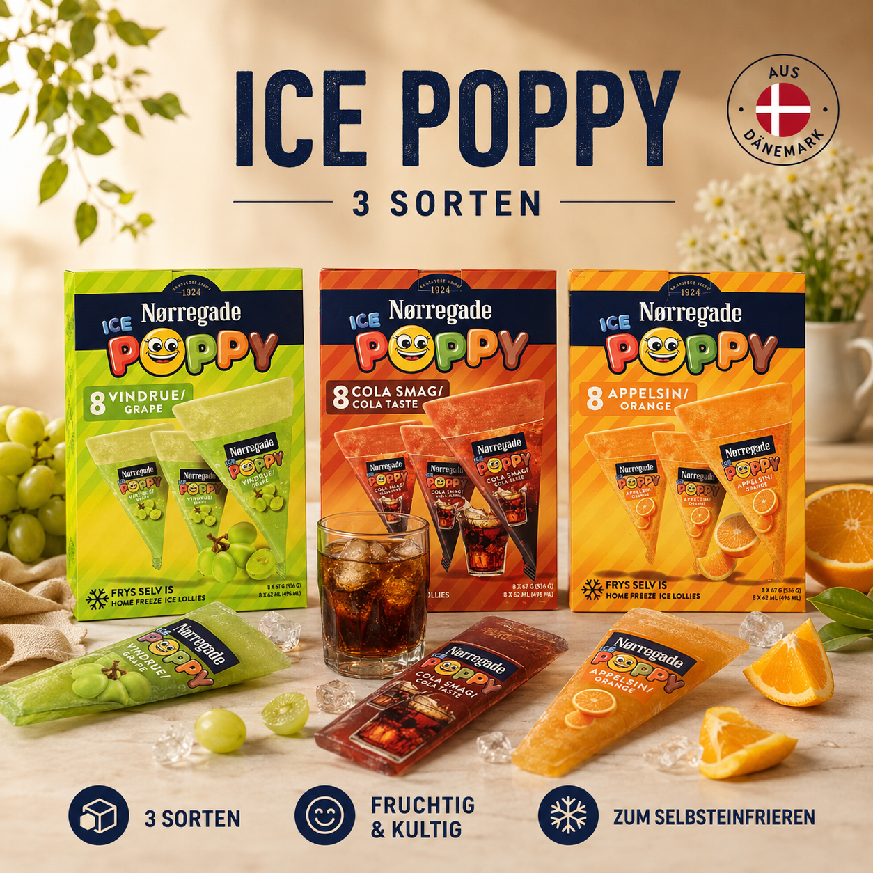 Nørregade ICE POPPY – 3 Sorten 🇩🇰🍇🥤🍊